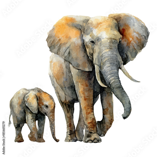 Watercolor illustration of Elephant With Its Baby, vector artwork, isolated on white background.