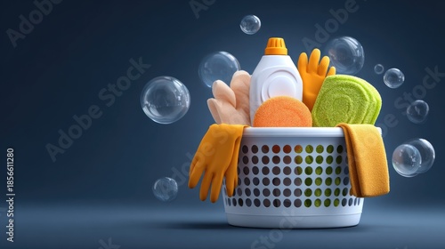 Cleaning supplies in a laundry basket with bubbles against a dark background