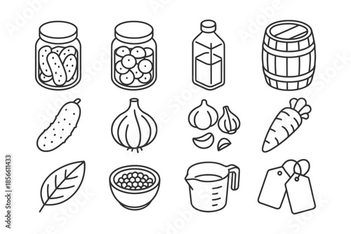 Outline icons of pickled vegetables, herbs, and kitchen ingredients.