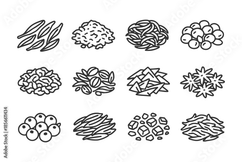 Variety of grains and legumes: beans, rice, pasta, and more in black and white illustrations.
