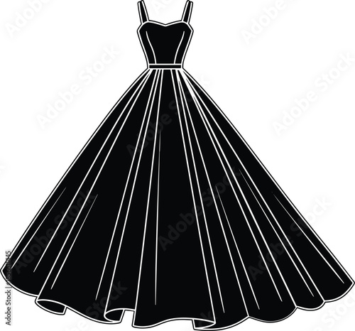 Evening gown silhouette, formal dress icon, pleated skirt design, sweetheart neckline, elegant fashion graphic, black garment, special occasion style