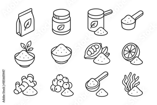 Set of organic superfood powder icons including citrus and ginger.