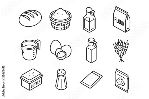 Bread baking ingredients: flour, eggs, butter, and more in icon set.