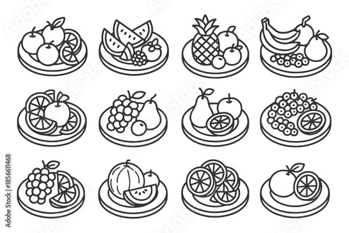 Assortment of fruit platters in black and white line art style.