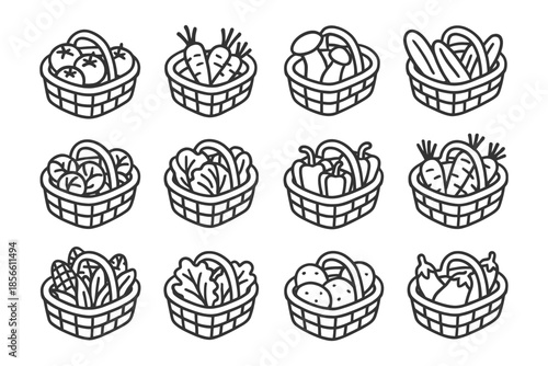 Set of twelve vegetable baskets in outline style.