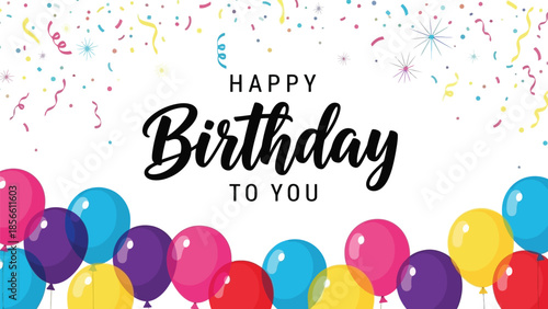 A colorful happy birthday greeting card illustration featuring festive balloons, vibrant confetti, and a gift ribbon design for a fun party celebration event