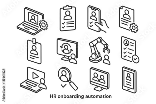 Hr onboarding automation icons: technology interfaces and workflow integration.