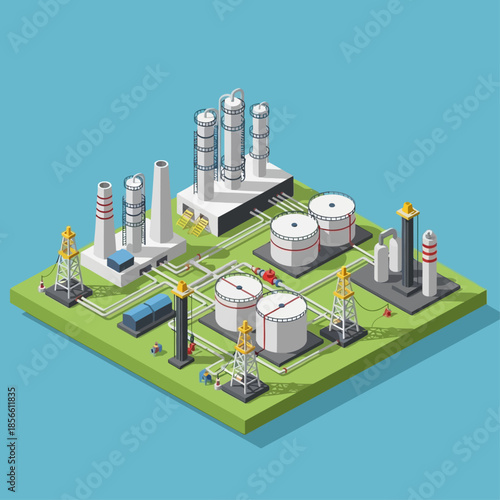 Isometric illustration of an industrial oil and gas refinery complex featuring storage tanks, pipelines, and drilling rigs.