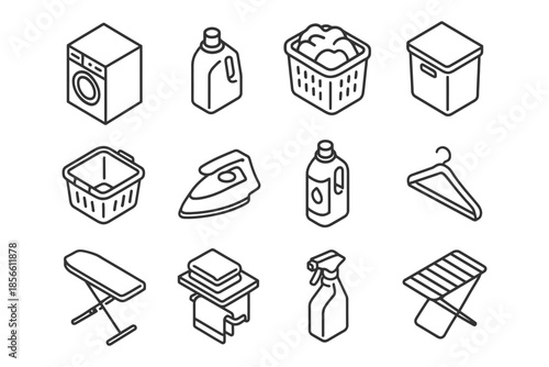 Household laundry icons: washer, detergent, basket, iron, hanger, ironing board, spray.
