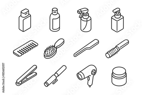 Collection of hair care product icons including shampoo, comb, brush, and hairdryer.