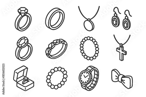 Outline icons of elegant jewelry and accessories.