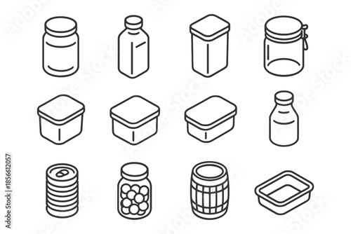 Assorted outline containers: jars, bottles, tubs, and canisters in minimalist design.