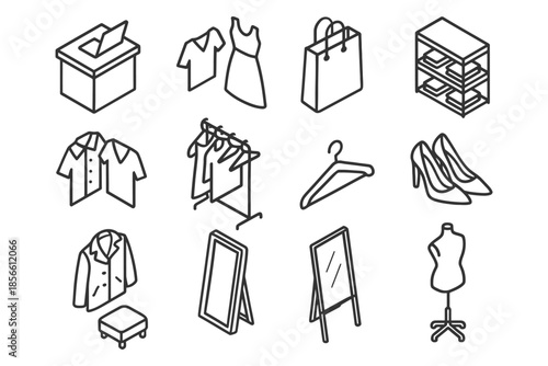 Outline icons of clothing displays, hangers, apparel, and retail essentials.