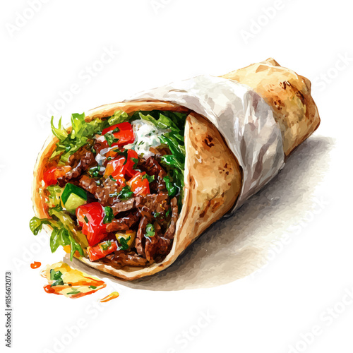 Beef Shawarma in watercolor style, vector illustration, isolated on white background.