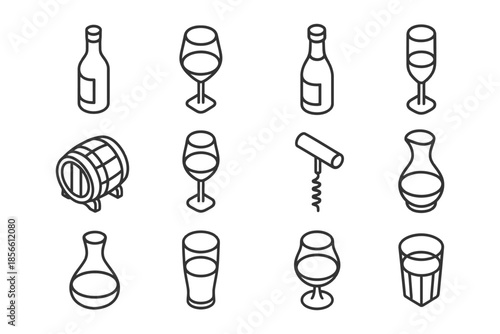 Wine and beverage icons set featuring glasses, bottles, and barrels.