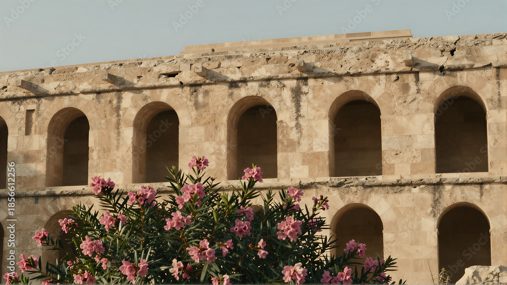Obraz premium Ancient Stone Building with Flowering Shrubs