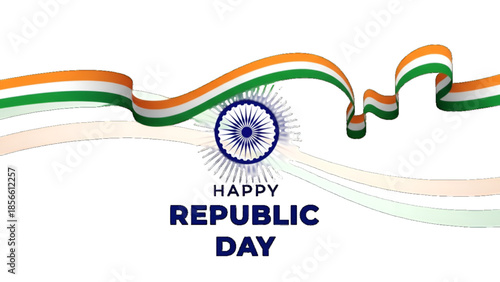 Republic Day patriotic design featuring Ashoka chakra with flowing Indian tricolor ribbon for national pride celebration poster background illustration