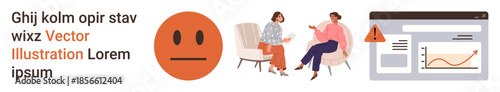 Therapy, emotions, healthcare, analytics, digital alerts, warnings. A frowning face, people in therapy and an online analytics alert. Therapy and emotions illustrated alongside digital data concept
