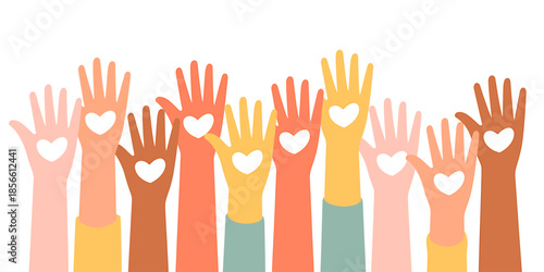 Diverse Hands Raised with Hearts Symbolizing Unity and Love