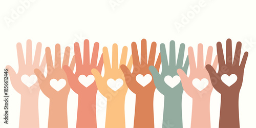 Diverse hands holding hearts symbolizing unity and love