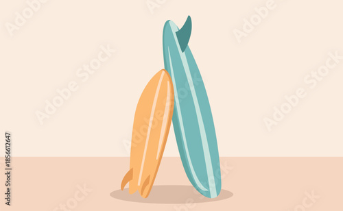 Two colorful surfboards leaning against each other