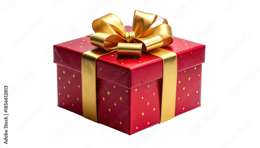 Obraz premium A festive, red square box adorned with a shimmering gold bow and ribbon
