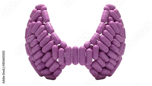 Butterfly-shaped arrangement of purple capsules forming a pill art design, concept for medicine, health, or pharmaceutical innovation