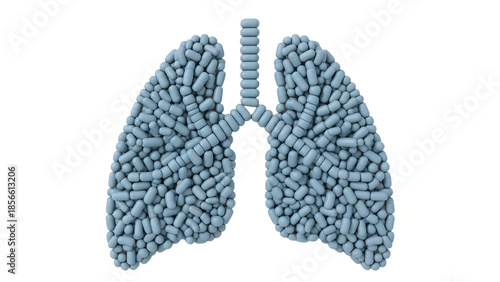Human lungs shape made of blue capsules and pills isolated on white background, concept of medicine and respiratory health