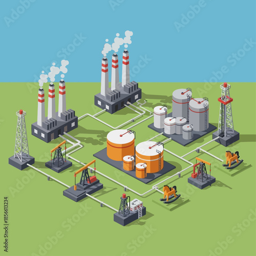 Isometric illustration of an oil and gas industry complex with derricks, storage tanks, and power plants.