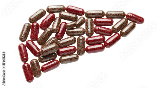 Red and brown capsules scattered on a white background, close up of medicine pills, perfect for pharmaceutical and healthcare projects