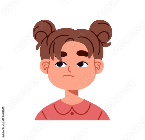 Avatar of little girl with bored facial expression. Portrait of kid with indifferent face. Cute cold child with neutral emotions is looking aside. Flat isolated vector illustration on white background