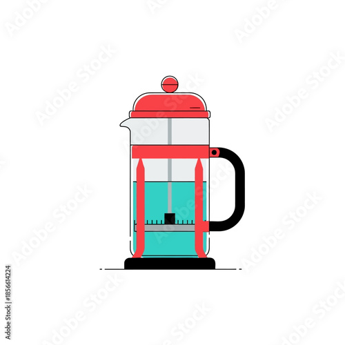 Stylized French press coffee maker illustration in red black and turquoise tone drawing minimal