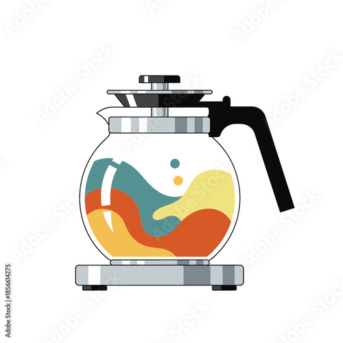 Elegant vector illustration showcasing a sleek glass teapot filled with colorful liquid swirls