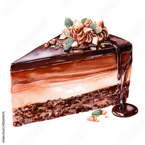 Watercolor illustration of Chocolate Mousse Cake, vector artwork, isolated on white background.