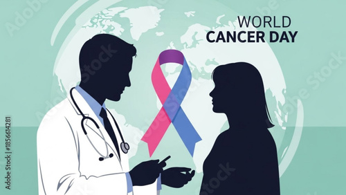 World cancer day awareness illustration with doctor and patient silhouettes, pink and blue ribbon