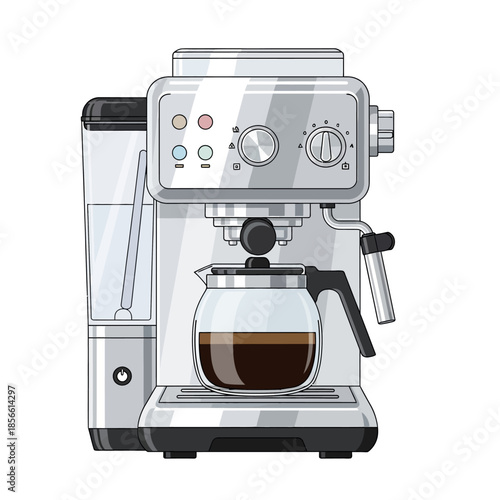 Detailed illustration of a modern coffee maker machine with a carafe full of freshly brewed coffee