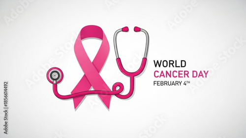 World cancer day awareness symbol with pink ribbon and stethoscope on white background for health campaigns and medical research