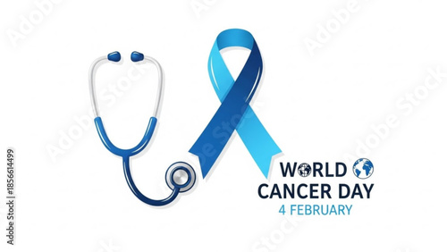 World cancer day awareness symbol with stethoscope and blue ribbon on white background for health campaign