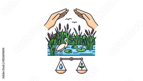 Hands protecting a serene wetland ecosystem with a heron, cattails, and balanced scales symbolizing harmony and conservation