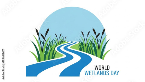 Winding blue river path through green wetland grass and cattails on world wetlands day