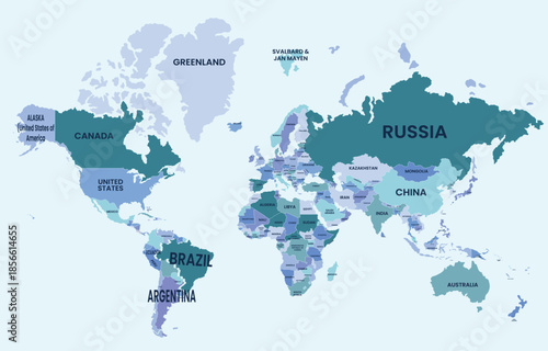 Illustrated world map showing all continents and major countries across the Earth