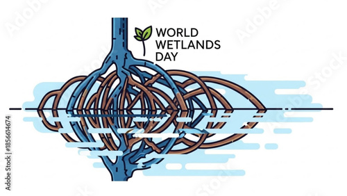 World wetlands day, intricate root system of a plant in water, symbolizing ecosystem and biodiversity conservation, environmental awareness