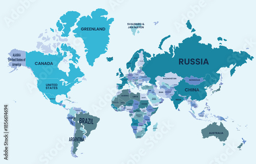Illustrated world map showing all continents and major countries across the Earth