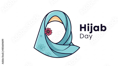 Hijab day celebration with blue floral headscarf and pink flower, cultural fashion and tradition