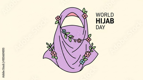 World hijab day celebration with purple hijab and floral pattern on cream background