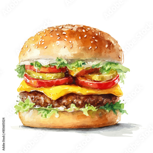 Burger in watercolor painting style, vector illustration on white background.