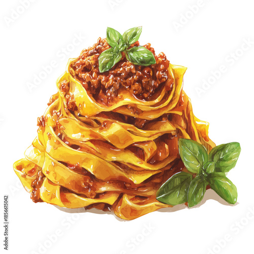 Watercolor-style vector illustration of Fettuccine Bolognese, isolated on a clean white background.