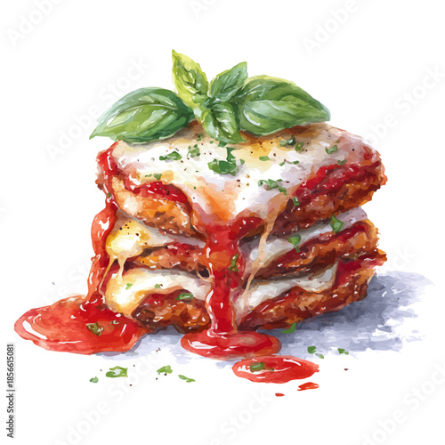 Chicken Parmigiana, watercolor illustration, vector style, isolated on a white background.