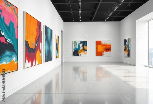 Sleek minimalist gallery interior with abstract art, art, graphic