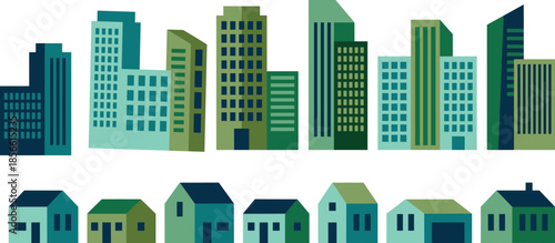 Modern city and suburban house skyline illustration showcasing urban skyscrapers and residential homes, perfect for architecture concepts, real estate backgrounds, community planning, and infographic 